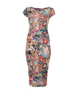 Cameo Rose Multicoloured Tattoo Print Midi Dress