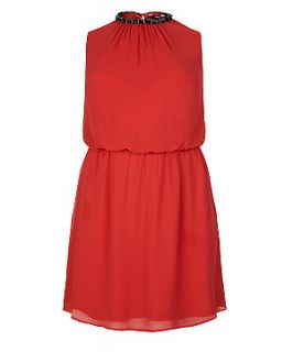 Inspire Red High Embellished Neck Sleeveless Dress