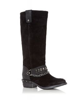 Black Leather Chain Detail High Leg Boots