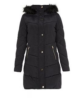 Black Faux Fur Hood Padded Longline Jacket