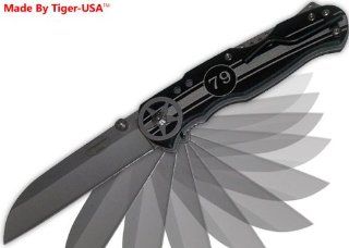 stock L 182 BK. 8.25" Black & Silver Racing Car Style Folding Knife W/Clip 8.25" Black Handle With Silver Blade Racing Car Style Folding Knife . Linner lock Folding Knife . 1045 Surgical Steel Blade W/Thumb Stud . Black Handles With custom De