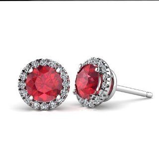 14KT White Gold Round Created Rubies in a Diamond Halo Stud Setting. 1/8 CTW Jewelry