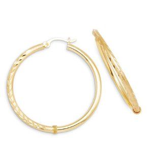 Womens Diamond Cut 14k Yellow Gold Round Hoop Earrings Jewelry