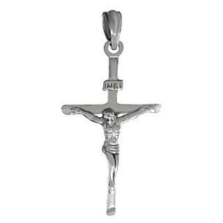 14k White Gold Religious Necklace Charm Pendant, Stick Style Cross Crucifix, Hi Million Charms Jewelry