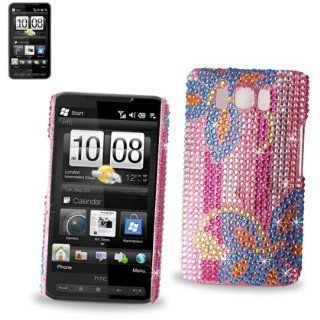Hard Diamante Protector Skin Cover (Faceplate/Snap On) Full Rhinestones Diamond Bling for HTC HD2 T8585 T Mobile   Rainbow pink bling flower pattern Cell Phones & Accessories