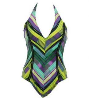 Kenneth Cole New Age Stripe One Piece Halter Tummy Control Swimsuit, Size Small