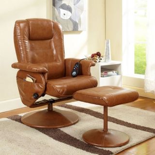 InRoom Designs Massage Reclining Swivel Chair with Ottoman   Light Brown   Leather Recliners