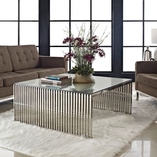 Modway Small Gridiron Stainless Steel Side Table with Tempered Glass Top   Silver   End Tables