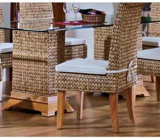 Hospitality Rattan Sea Breeze Indoor Seagrass 48 in. Pedestal Dining Table with Beveled Glass   Natural   Dining Tables