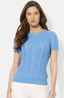 Lauren Ralph Lauren Button Shoulder Cable Knit Linen & Cotton Sweater (Petite)