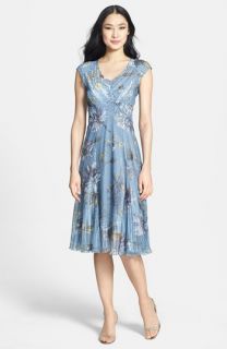 Komarov Print Cap Sleeve Chiffon & Charmeuse Dress