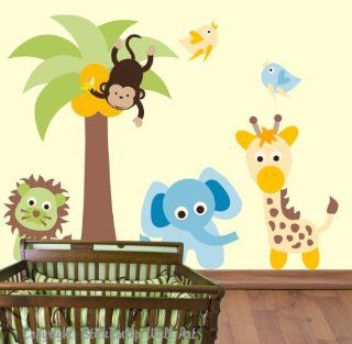 Baby Nursery Wall Decals Safari Jungle Childrens Themed 70" X 110" (Inches) Animals Trees Wildlife Made of Wall Fabric Material Repositional Removable Reusable Baby