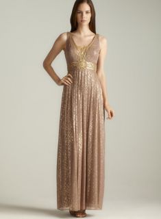 Adrianna Papell Sequined Bodice Metallic Pleated Gown Adrianna Papell Evening & Formal Dresses
