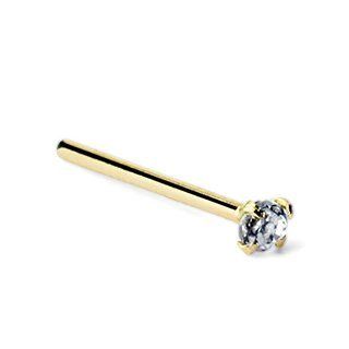 14 karat Solid Yellow Gold Nose Fish Tail Ring with Prong set 2mm Round CZ Top 20G (0.8mm)  1/2" in Legnth  Sold Individually Jewelry