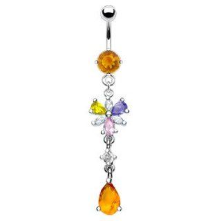 Citrine colored jeweled belly ring with dangling mulit color flower and citrine stone Jewelry