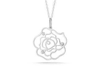 14K Hand Crafted White Gold Matte Finished Rose Motif Sixteen Inch Pendant Slide Enhanced With Bezel Set Diamond. (0.01CT GH Color SI Clarity) IRC Jewelry