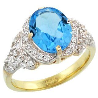 14k Gold Natural Swiss Blue Topaz Ring 10x8 mm Oval Shape Diamond Halo, 1/2 inch wide Jewelry