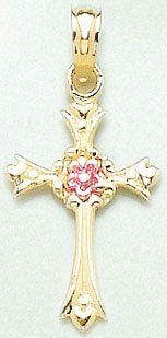 14k Gold Religious Necklace Charm Pendant, Baby Cross With Pink Flower Center Million Charms Jewelry