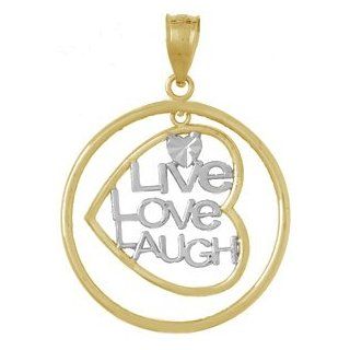 14k Gold Necklace Charm Pendant, Live Love Laugh In Heart Dangling In Round Fram Million Charms Jewelry