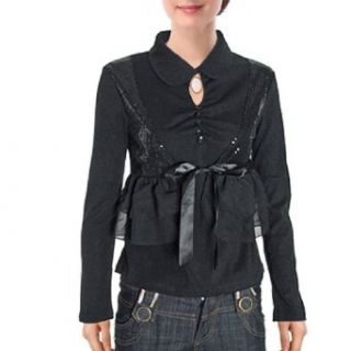 Ladies Black Long Sleeve Sequin Keyhole Shirt Top S