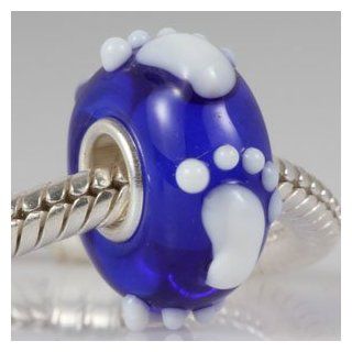 White Baby Footprint 3D on Blue Murano Glass Bead on Sterling Silver Solid Core fits Pandora Charm Chamilia Biagi Troll Beads Europen Style Bracelets Jewelry