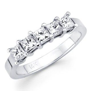 14K White Gold 5 Stone Princess cut Diamond Ladies Women Wedding Anniversary Ring Band (0.86 CTW., G H Color, SI Clarity) The World Jewelry Center Jewelry
