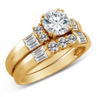 Solid 14K Yellow Gold Round Brilliant Cut Solitaire Center with Baguette Side Stones Highest Quality CZ Cubic Zirconia Engagement Ring with Matching Wedding Band Bridal Two Ring Sets (2.5cttw. , 1.0ct. Center Stone)   Available in all ring sizes 4   13 So