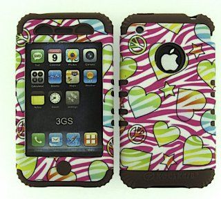 3 IN 1 HYBRID SILICONE COVER FOR APPLE IPHONE 3G 3GS HARD CASE SOFT BROWN RUBBER SKIN ZEBRA PEACE CF TE428 KOOL KASE ROCKER CELL PHONE ACCESSORY EXCLUSIVE BY MANDMWIRELESS Cell Phones & Accessories
