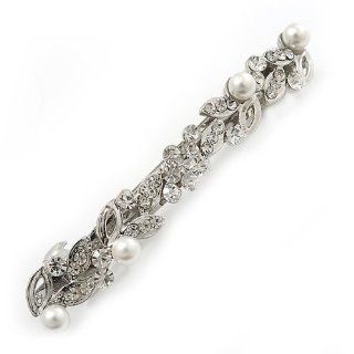 Bridal Wedding Prom Silver Tone Crystal & Simulated Pearl Barrette Hair Clip Grip   85mm Width Jewelry