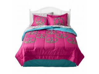 Xhilaration Full Bed in Bag Hot Pink Peace Signs Comforter Sheets Shams Set
