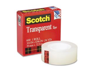 Scotch 600341296 Transparent Glossy Tape, 3/4" x 1296", 1" Core, Clear