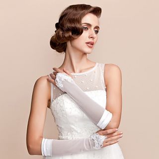 Satin / Tulle Elbow Length Fingerless Bridal Gloves With Pearls