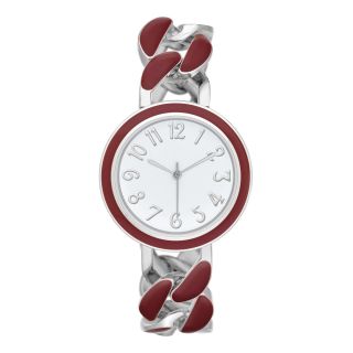 Womens Silver Tone Enamel Chain Bracelet Watch, Red