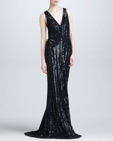 Elie Saab Sequined Plunging Evening Gown, Black