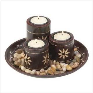 3 Wooden Round Tealight Candle Holders with Tray   Antique 