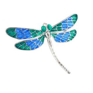 Silver plated and vitreous hand enameled dragonfly pin or brooch