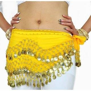 Chiffon Dangling Gold Coins Belly Dance Hip Scarf, Vogue Style  yellow