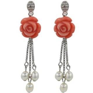 Red Coral Rose Cultured Pearl Tail Platinum Overlay CAREFREE Sterling 