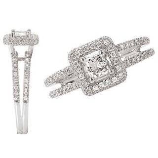 14K white gold princess cut diamond halo engagement ring with split 